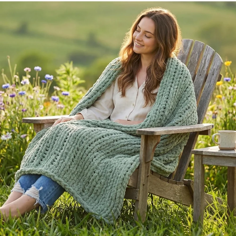 Amélie Home Chunky Knit Throw Blanket Couch, Soft Chenille Crochet Blanket 50x60